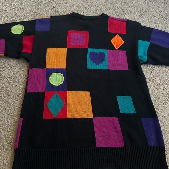 VINTAGE RETRO STYLE MULTI-COLOR PATCHES DESIGN 70’s FUN SWEATER MED - Picture 1 of 12
